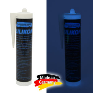 lumentics Leuchtsilikon bei Tageslicht und leuchtend im Dunkeln, Made in Germany