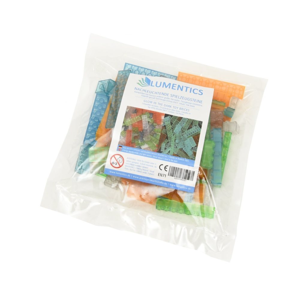 Set lumentics Leuchtspielsteine in der Verpackung mit CE-Kennzeichnung