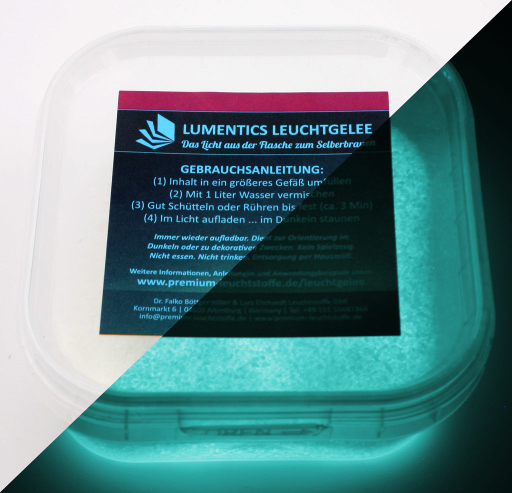 Becher lumentics Leuchtgelee Natur-Blaugrün 40 g mit Gebrauchsanleitung, im Dunkeln leuchtend