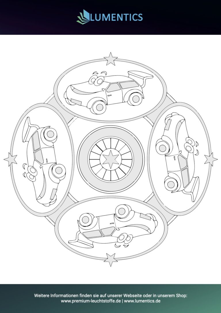 Mandala-Malvorlage für Kinder mit Autos zum Ausmalen mit Leuchtfarbe
