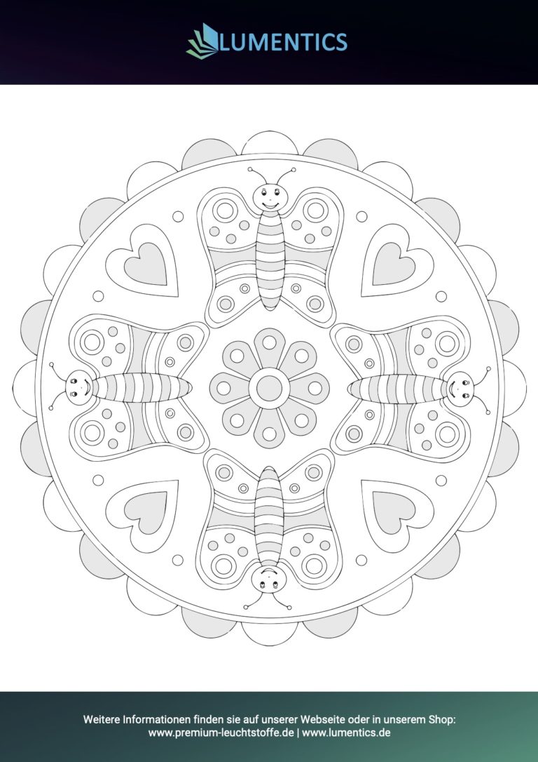 Mandala-Malvorlage für Kinder mit Schmetterlingen zum Ausmalen mit Leuchtfarbe