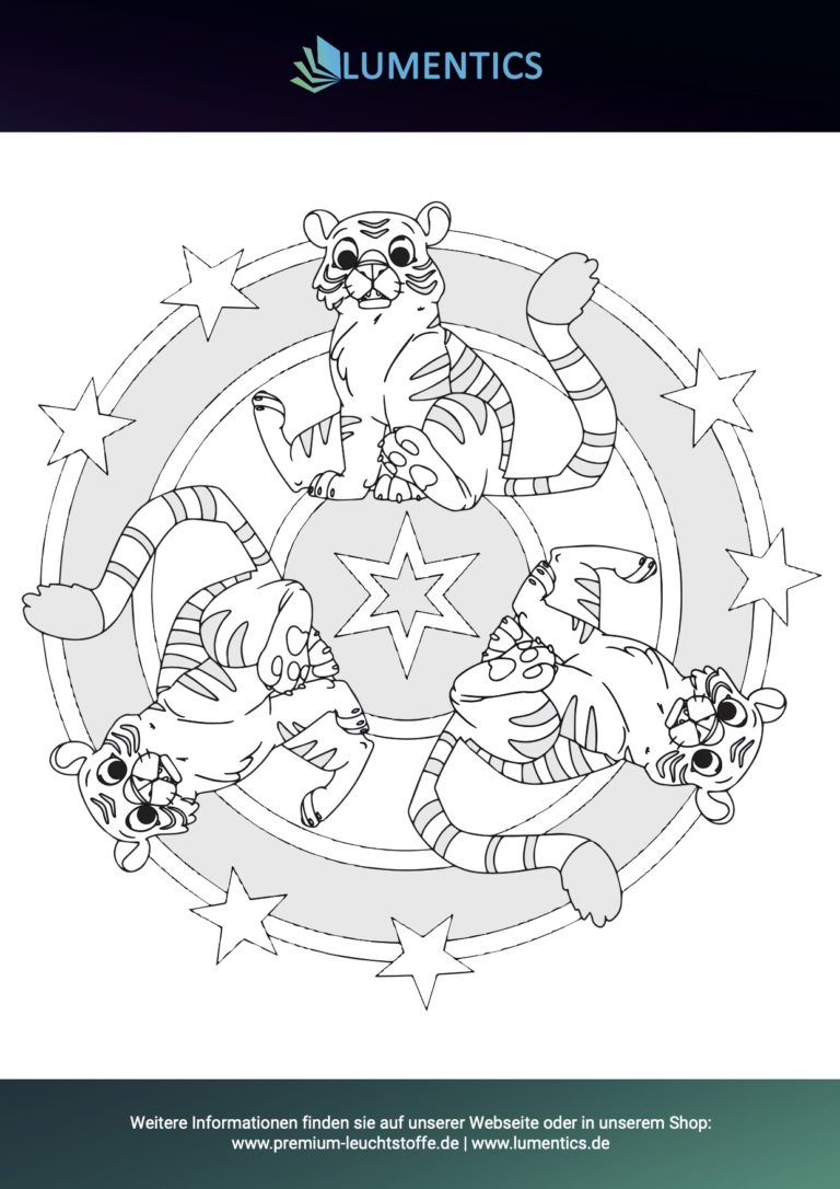 Mandala-Malvorlage für Kinder mit Tigern zum Ausmalen mit Leuchtfarbe