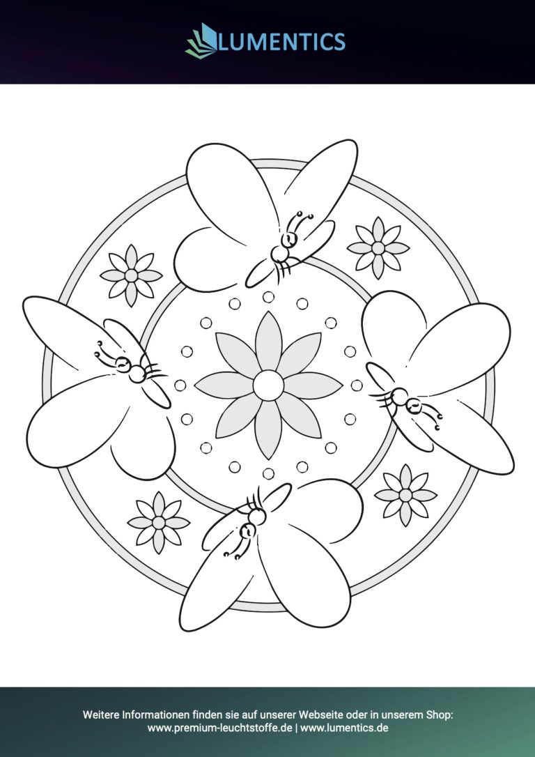 Mandala-Malvorlage für Kinder mit Schmetterlingen und Blumen zum Ausmalen mit Leuchtfarbe