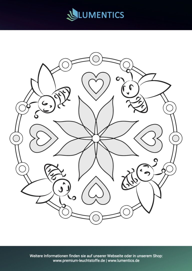 Mandala-Malvorlage für Kinder mit Bienen und Herzen zum Ausmalen mit Leuchtfarbe