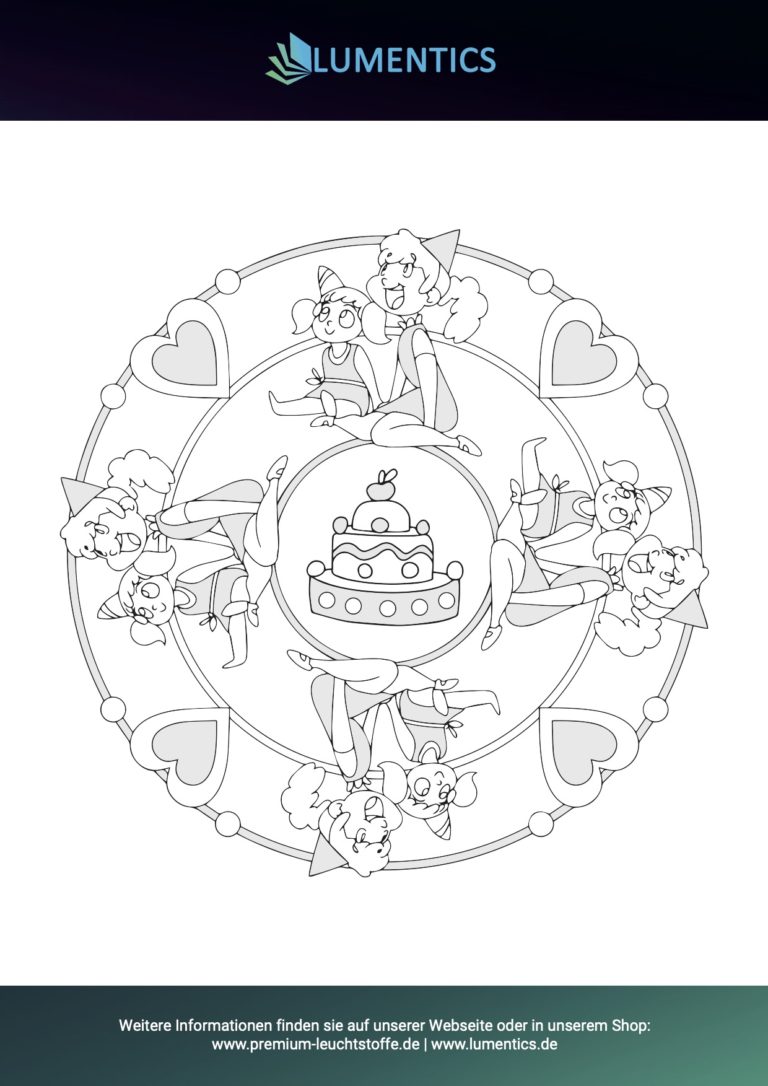 Mandala-Malvorlage für Kinder mit Geburtstagstorte zum Ausmalen mit Leuchtfarbe