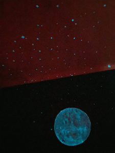 Sternenhimmel und Mond gemalt mit grünblauer lumentics-Leuchtfarbe bei Nacht