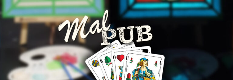 MalPub-Motiv mit Spielkarten, Palette und Pinsel