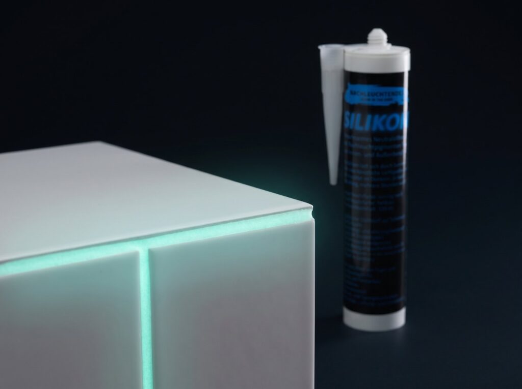 lumentics Leuchtsilikon – blau leuchtende Fliesenfuge im Bad